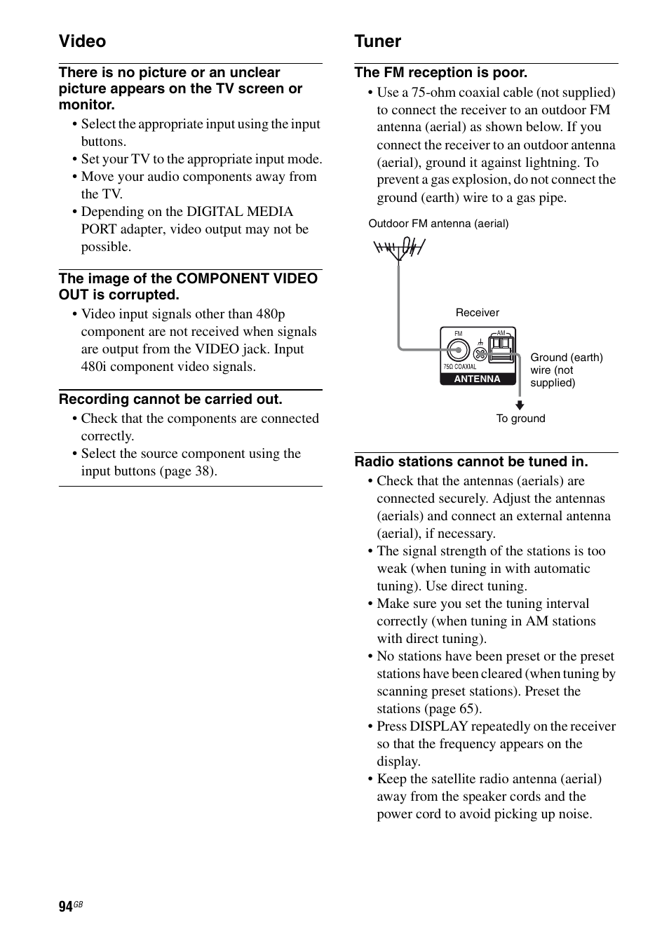Video, Tuner | Sony 3-289-450-44(1) User Manual | Page 94 / 100