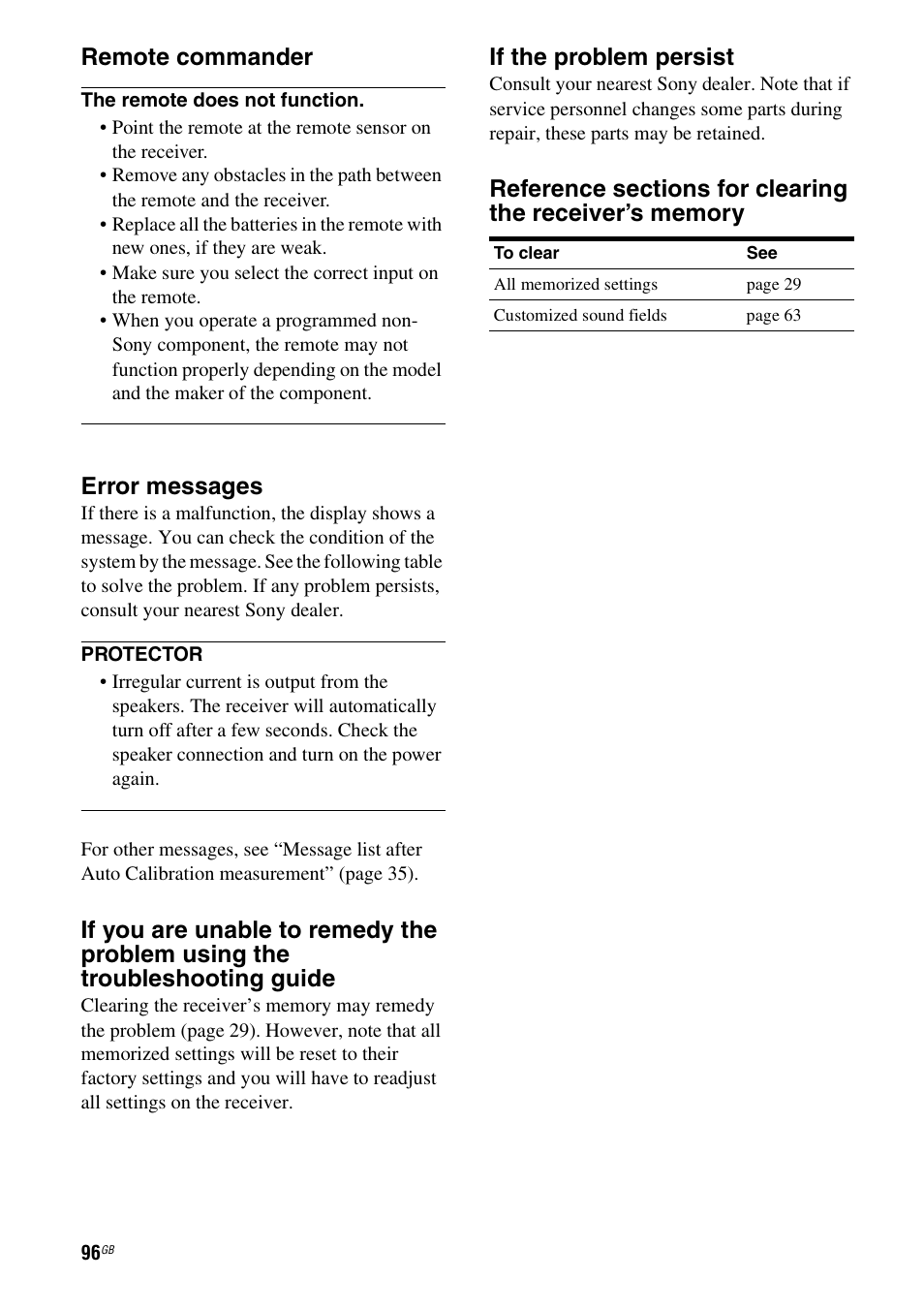 Remote commander, Error messages, If the problem persist | Sony 3-289-450-44(1) User Manual | Page 96 / 100