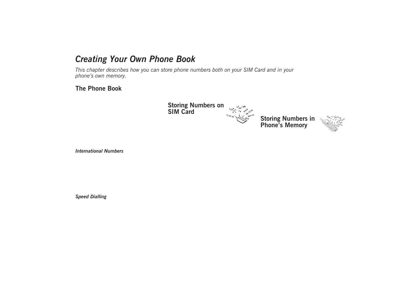 Creating your own phone book, The phone book, Storing numbers on sim card | Storing numbers in phone™s memory, Creating your own, Phone book, Storing numbers in phone’s memory | Sony GA628 User Manual | Page 20 / 38