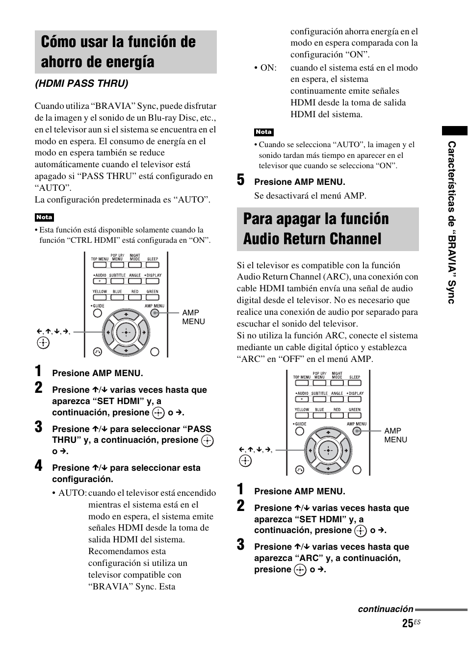 Cómo usar la función de ahorro de energía, Para apagar la función audio return channel, Cómo usar la función de ahorro de | Energía (hdmi pass thru), Para apagar la función audio return, Channel | Sony HT-CT150 User Manual | Page 105 / 124