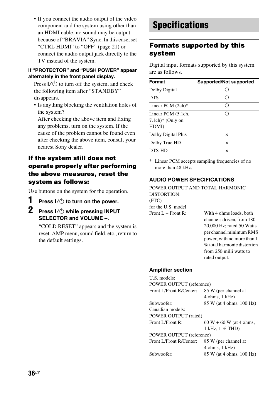 Specifications, Formats supported by this system | Sony HT-CT150 User Manual | Page 36 / 124