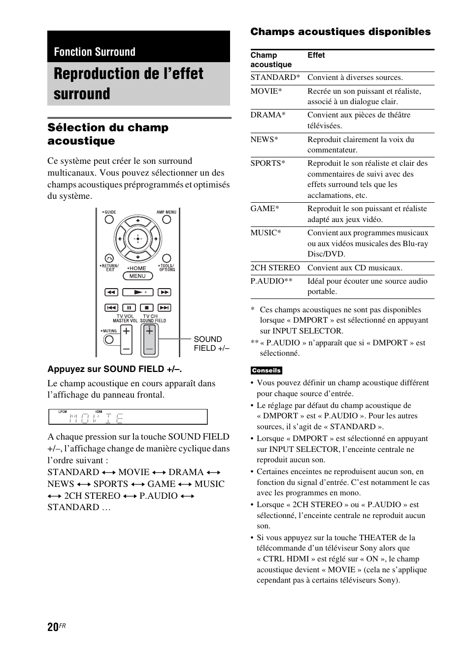 Fonction surround, Reproduction de l’effet surround, Sélection du champ acoustique | Sony HT-CT150 User Manual | Page 58 / 124