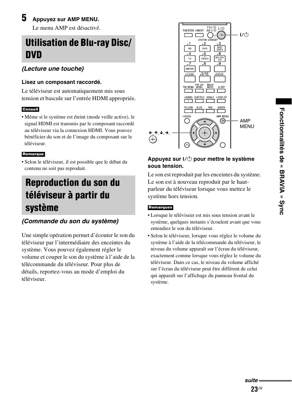 Utilisation de blu-ray disc/ dvd, Utilisation de blu-ray disc/dvd, Lecture une touche) | Reproduction du son du téléviseur à, Partir du système (commande du son du système) | Sony HT-CT150 User Manual | Page 61 / 124