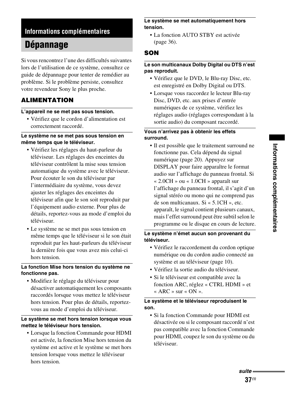 Informations complémentaires, Dépannage | Sony HT-CT150 User Manual | Page 75 / 124