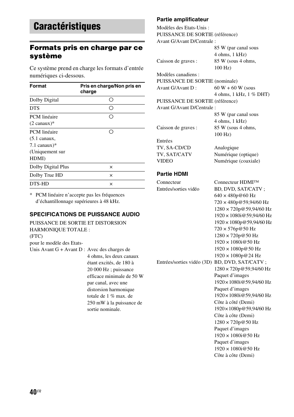 Caractéristiques, Formats pris en charge par ce, Formats pris en charge par ce système | Sony HT-CT150 User Manual | Page 78 / 124