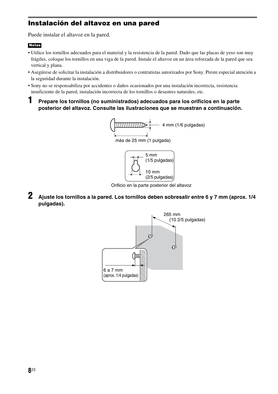 Instalación del altavoz en una pared | Sony HT-CT150 User Manual | Page 88 / 124