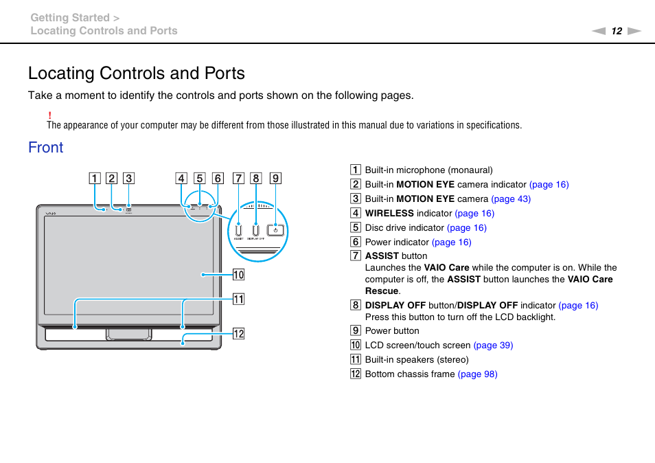 Locating controls and ports, Front | Sony VAIO VPCJ11 User Manual | Page 12 / 152