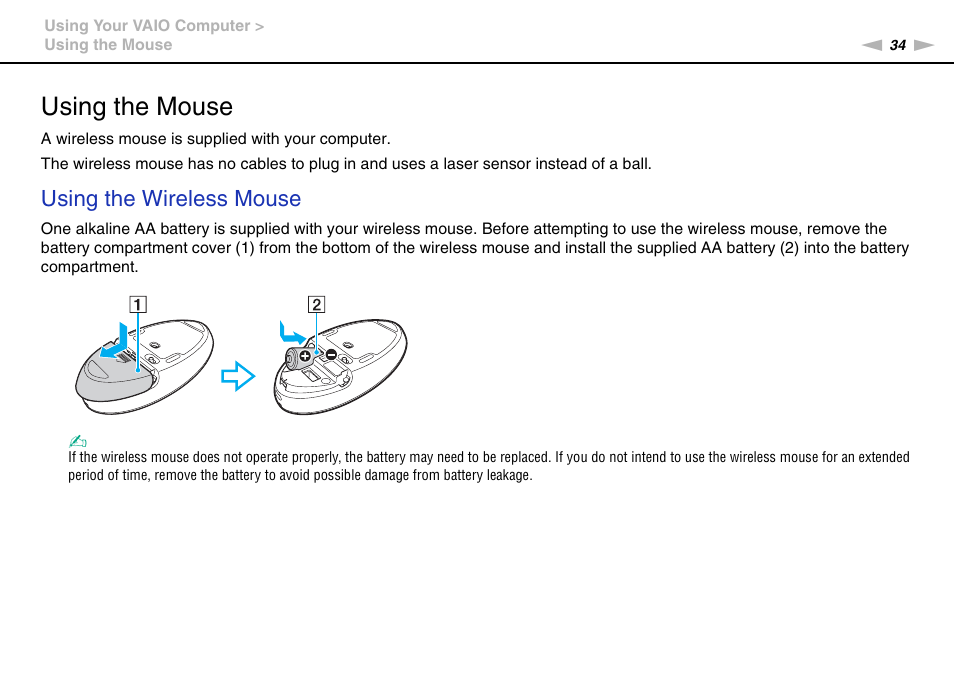 Using the mouse, Using the wireless mouse | Sony VAIO VPCJ11 User Manual | Page 34 / 152