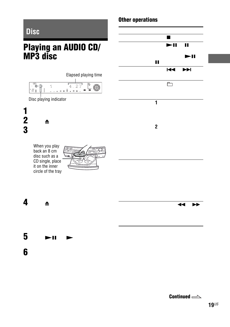 Disc, Playing an audio cd/ mp3 disc, Playing an audio cd/mp3 | Sony LBT-ZUX9 User Manual | Page 19 / 64