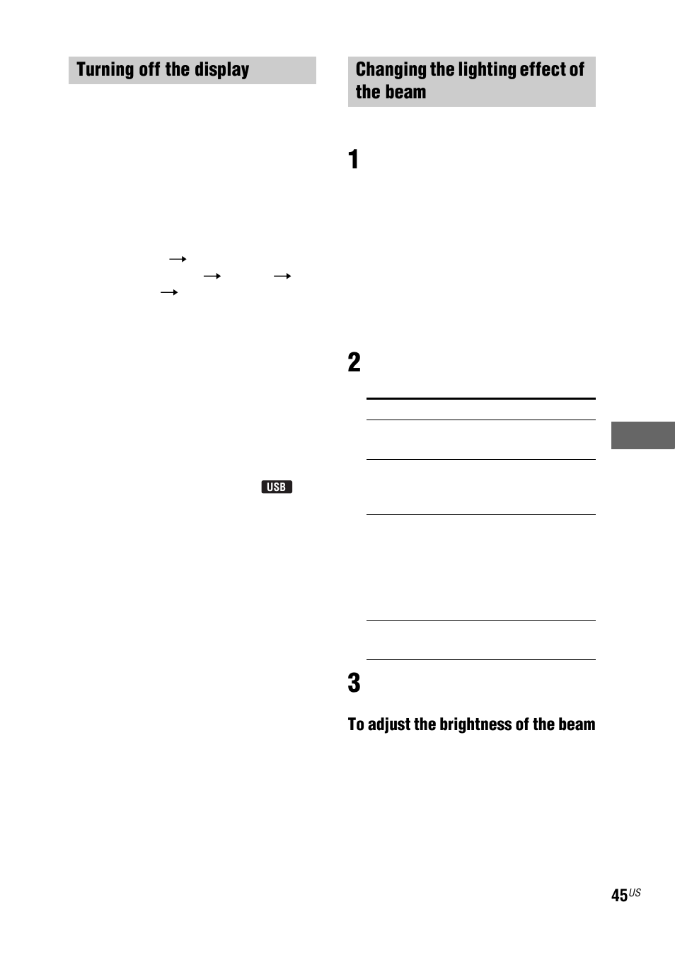 Turning off the display, Changing the lighting effect of the beam | Sony LBT-ZUX9 User Manual | Page 45 / 64