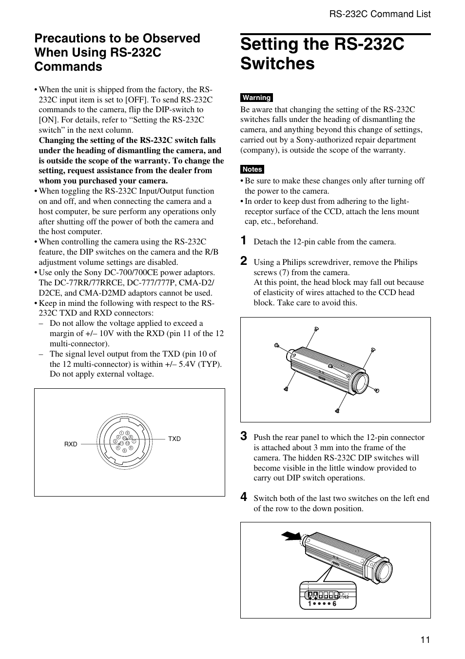 Setting the rs-232c switches | Sony XC-555 User Manual | Page 11 / 28