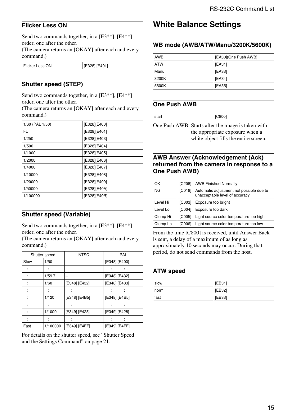 White balance settings, Shutter speed (step), Shutter speed (variable) | One push awb, Atw speed | Sony XC-555 User Manual | Page 15 / 28