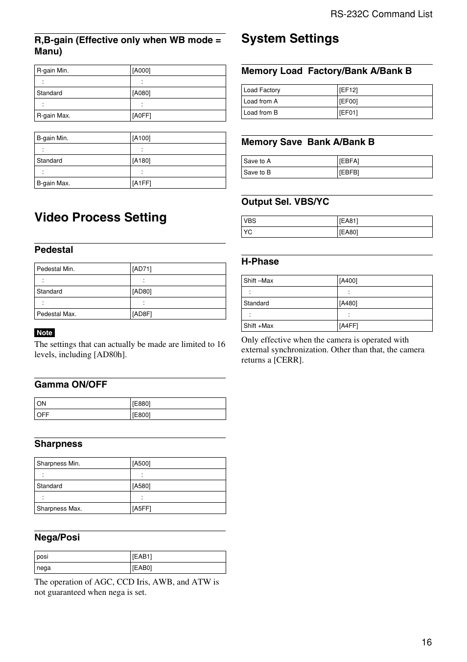 Video process setting, System settings, Pedestal | Gamma on/off, Sharpness, Nega/posi, Output sel. vbs/yc, H-phase | Sony XC-555 User Manual | Page 16 / 28