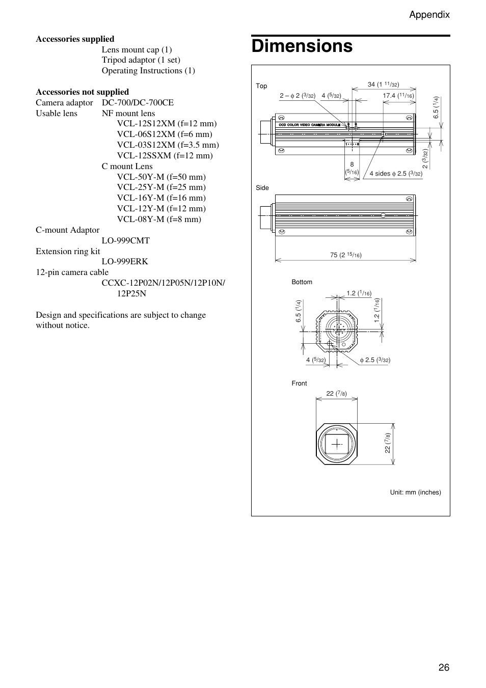 Dimensions, 26 appendix | Sony XC-555 User Manual | Page 26 / 28