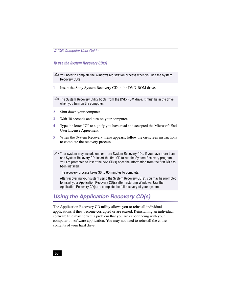 Using the application recovery cd(s) | Sony PCV-RX460 User Manual | Page 58 / 98