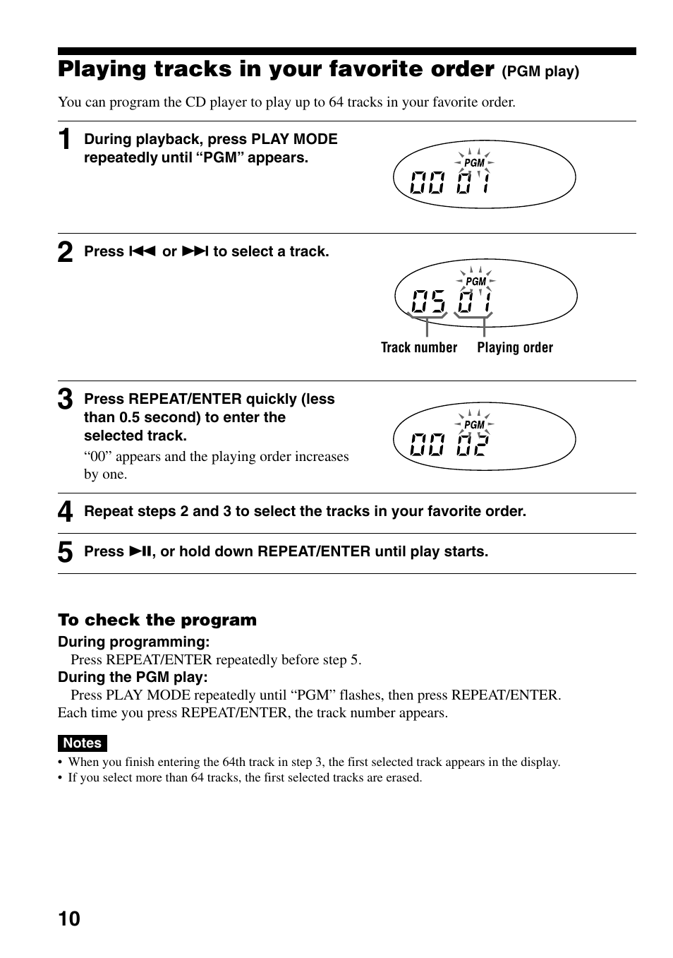 Playing tracks in your favorite order (pgm play), Playing tracks in your favorite order, Pgm play) | Sony D-EJ835 User Manual | Page 10 / 28