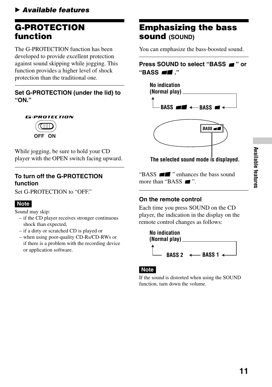 Available features, G-protection function, Emphasizing the bass sound (sound) | 11 emphasizing the bass sound | Sony D-EJ835 User Manual | Page 11 / 28