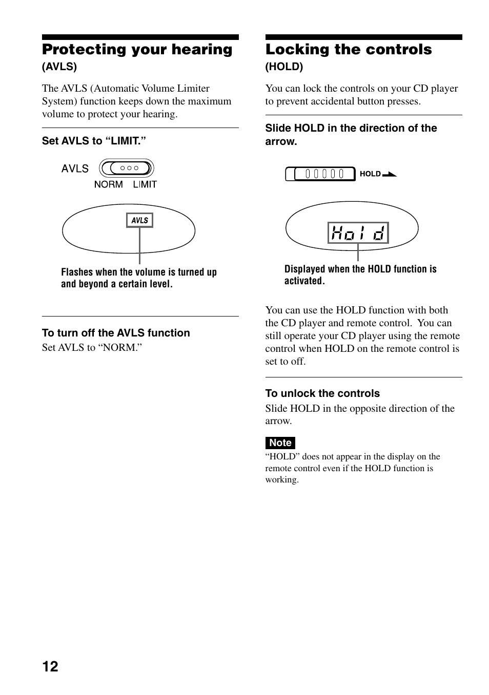 Protecting your hearing (avls), Locking the controls (hold), 12 protecting your hearing | Locking the controls | Sony D-EJ835 User Manual | Page 12 / 28