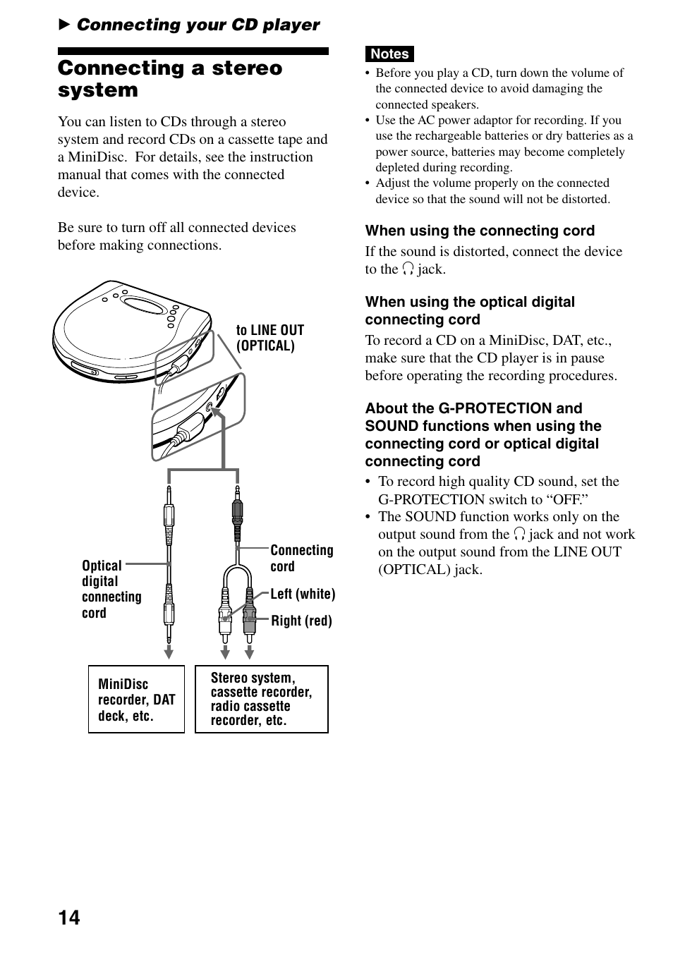 Connecting your cd player, Connecting a stereo system, 14 connecting a stereo system | Sony D-EJ835 User Manual | Page 14 / 28