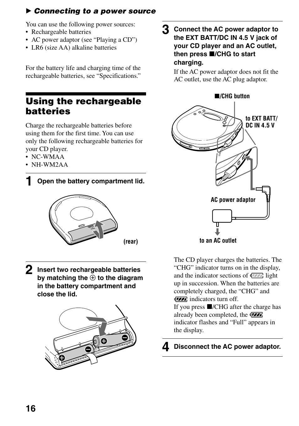 Connecting to a power source, Using the rechargeable batteries | Sony D-EJ835 User Manual | Page 16 / 28