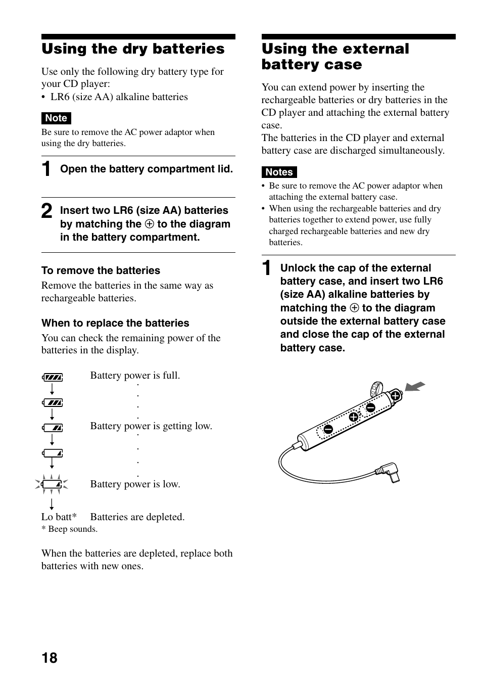 Using the dry batteries, Using the external battery case, 18 using the dry batteries | Sony D-EJ835 User Manual | Page 18 / 28