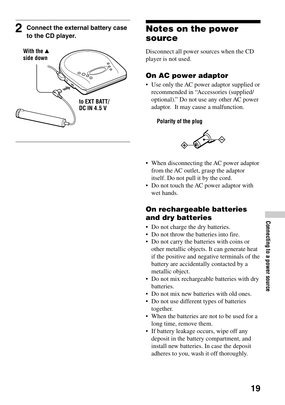 Notes on the power source | Sony D-EJ835 User Manual | Page 19 / 28