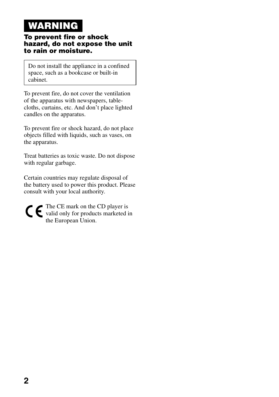 Warning | Sony D-EJ835 User Manual | Page 2 / 28