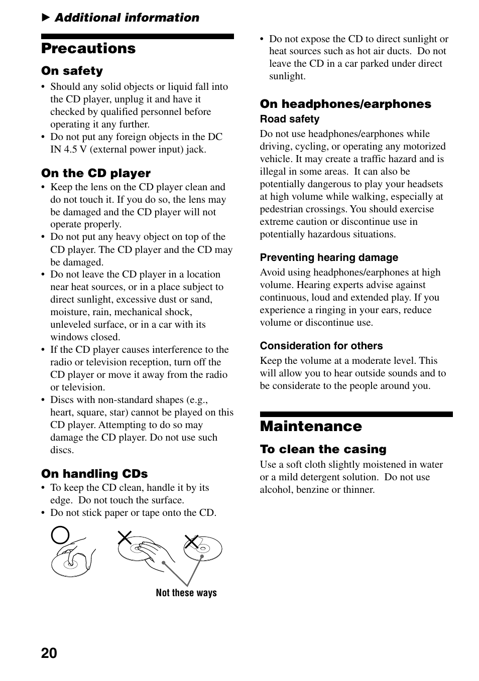 Additional information, Precautions, Maintenance | 20 precautions | Sony D-EJ835 User Manual | Page 20 / 28