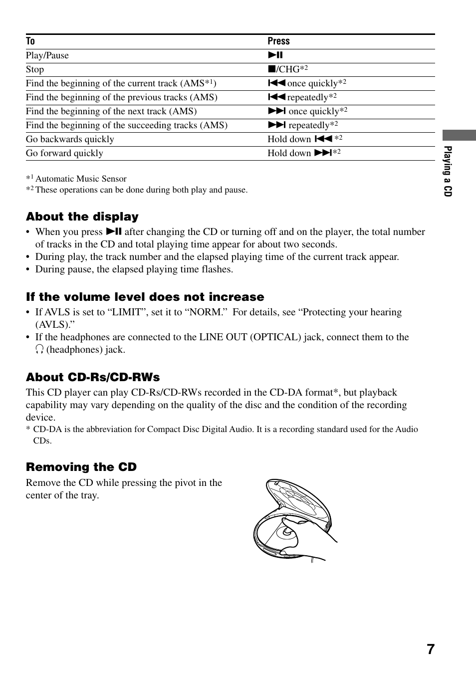 About the display, If the volume level does not increase, About cd-rs/cd-rws | Removing the cd | Sony D-EJ835 User Manual | Page 7 / 28