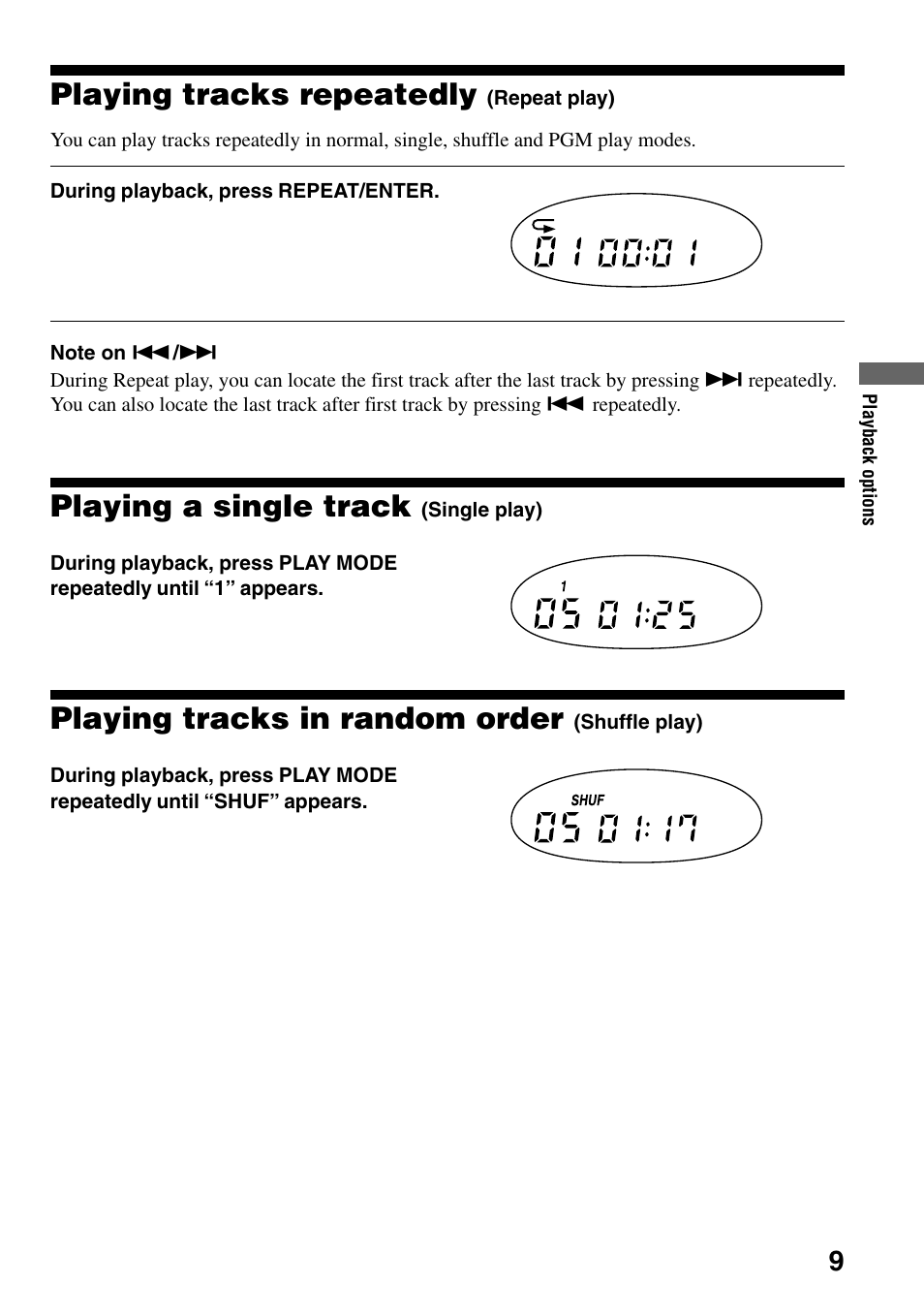 Playing tracks repeatedly (repeat play), Playing a single track (single play), Playing tracks in random order (shuffle play) | Playing tracks in random order, Shuffle play), Playing tracks repeatedly, Playing a single track | Sony D-EJ835 User Manual | Page 9 / 28