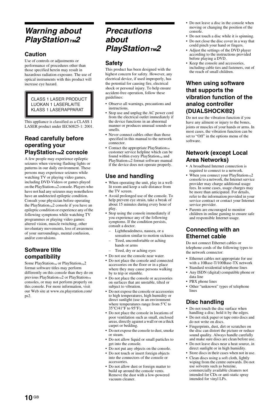 Warning about playstation™2, Precautions about playstation™2, Warning about playstation | Precautions about playstation, Caution, Read carefully before operating your playstation, 2 console, Software title compatibility, Safety, Use and handling | Sony BRAVIA 4-256-733-F2(1) User Manual | Page 10 / 72