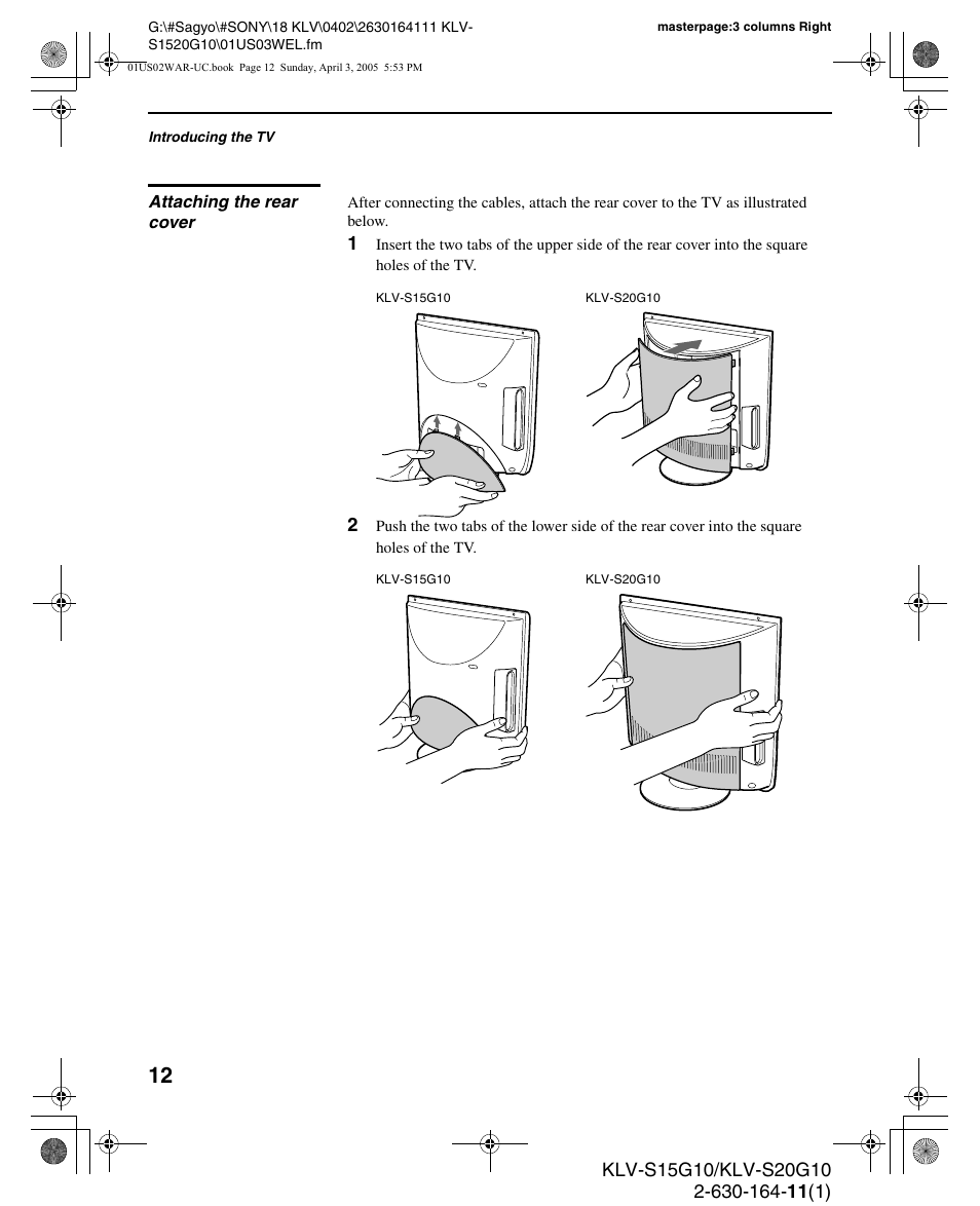 Attaching the rear cover | Sony WEGA KLV S20G10 User Manual | Page 12 / 60