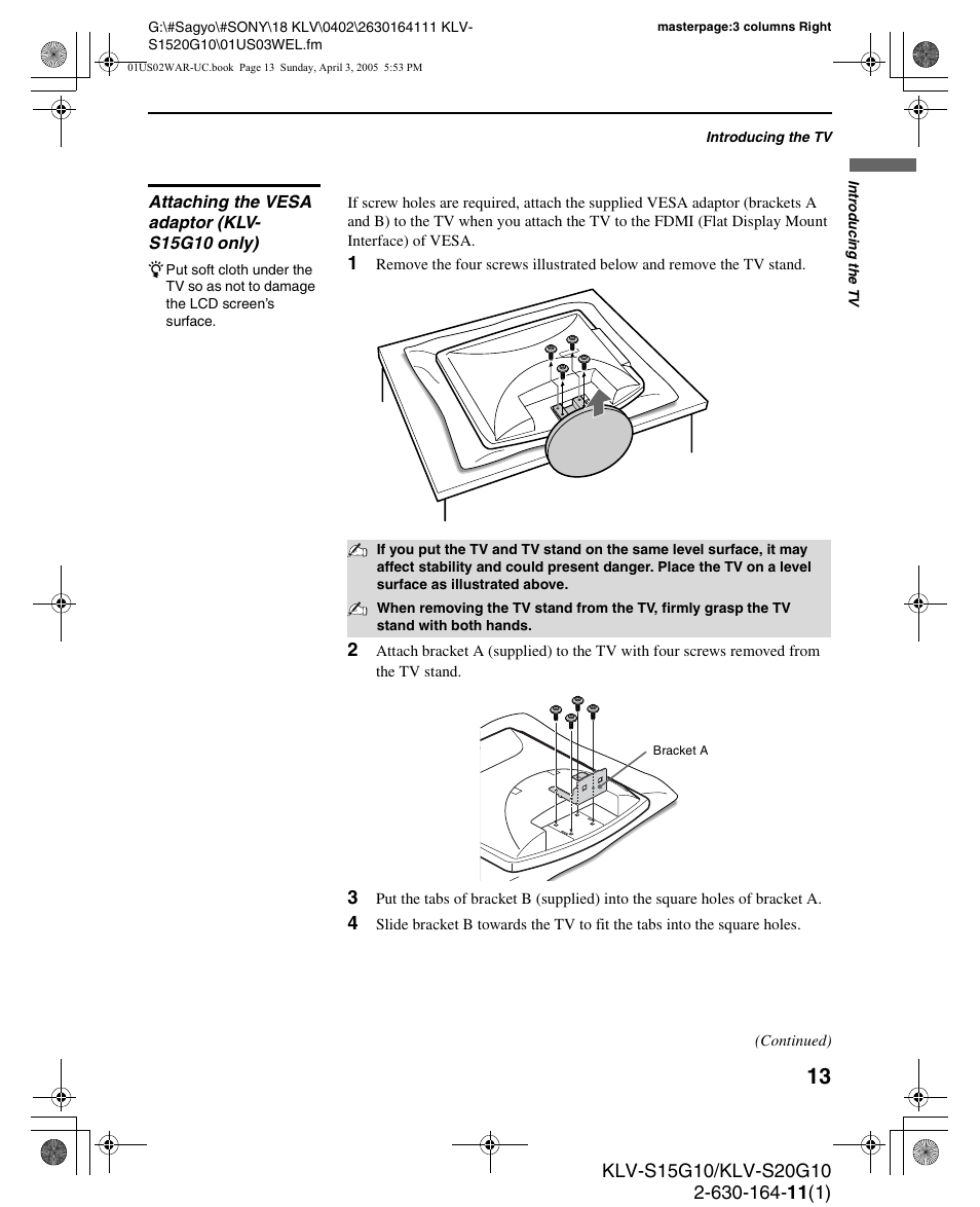 Attaching the vesa adaptor (klv- s15g10 only), Attaching the vesa adaptor (klv-s15g10 only) | Sony WEGA KLV S20G10 User Manual | Page 13 / 60