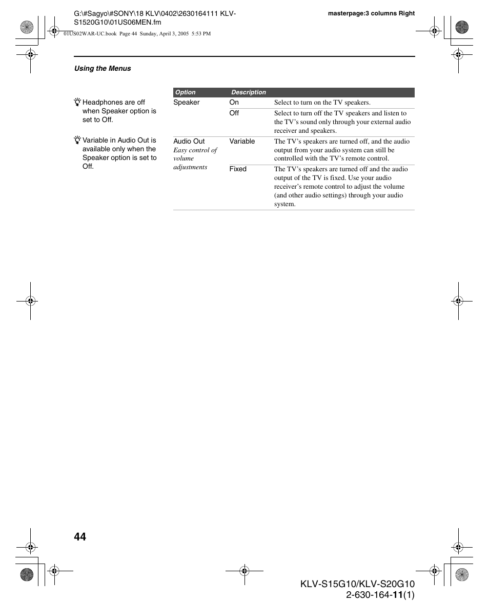 Sony WEGA KLV S20G10 User Manual | Page 44 / 60