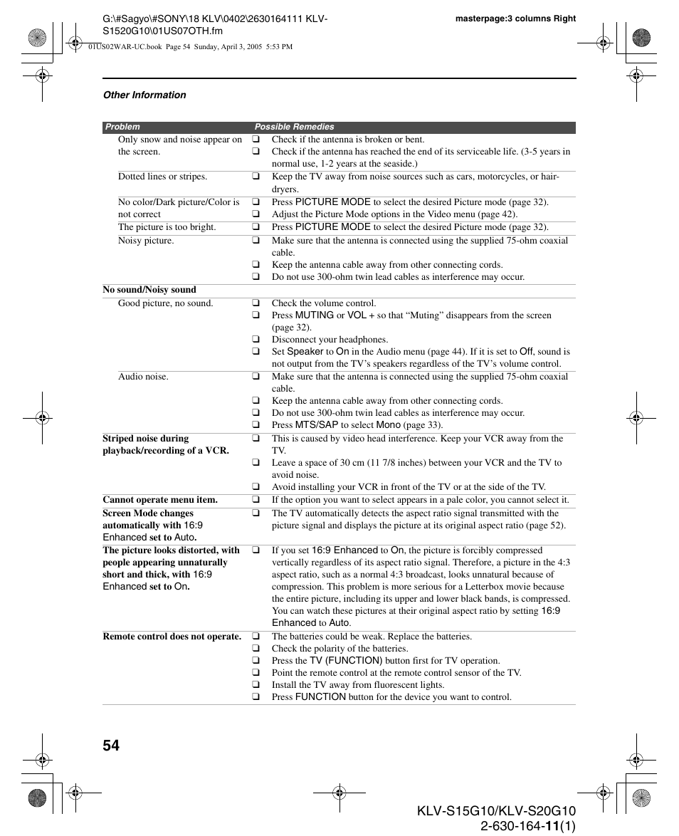Sony WEGA KLV S20G10 User Manual | Page 54 / 60