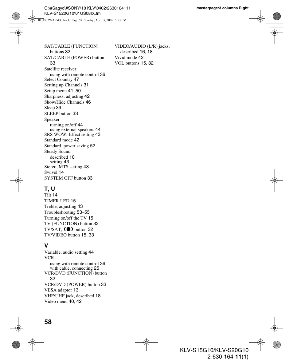 Sony WEGA KLV S20G10 User Manual | Page 58 / 60