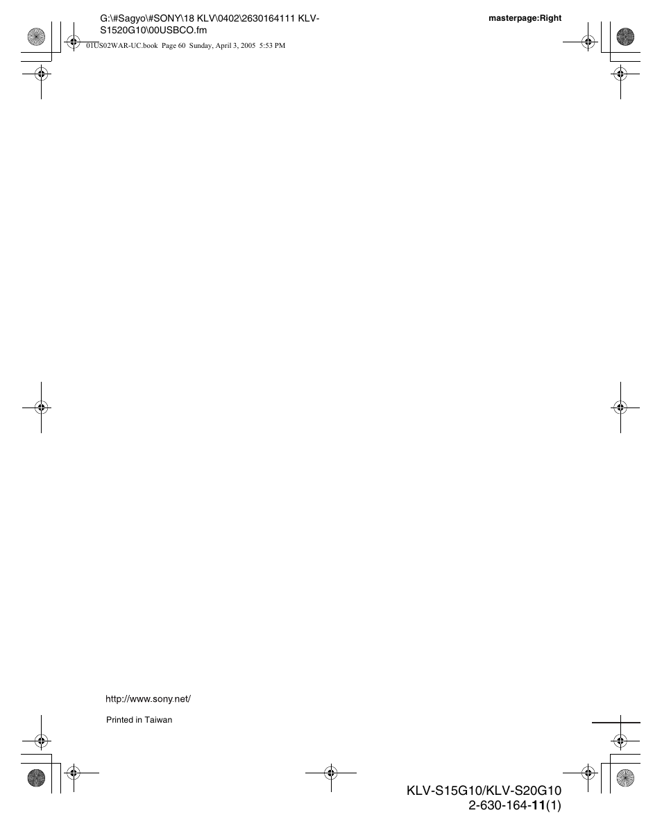 Sony WEGA KLV S20G10 User Manual | Page 60 / 60