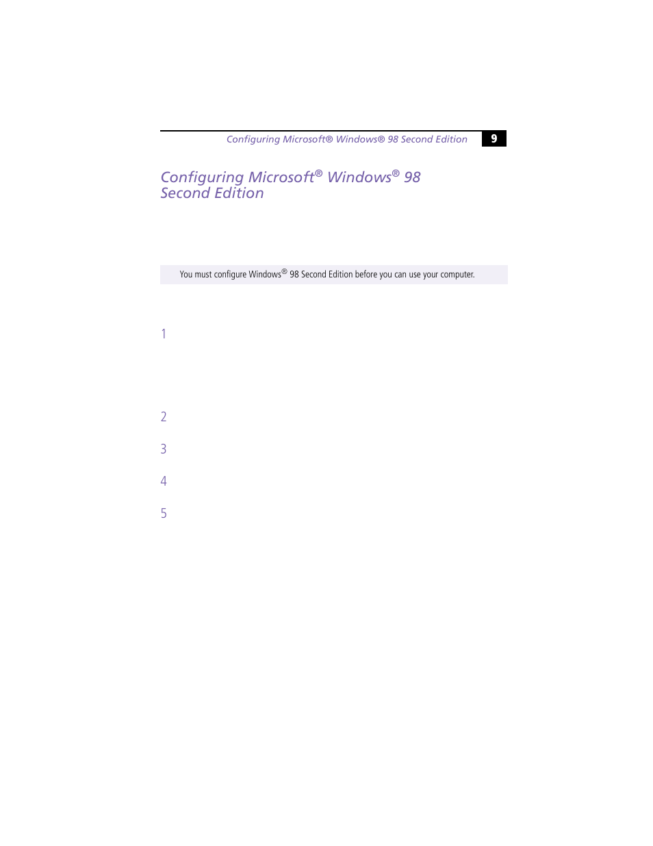 Configuring microsoft® windows® 98 secondedition, Configuring microsoft, Windows | 98 second edition | Sony PCV-R538DS User Manual | Page 13 / 44