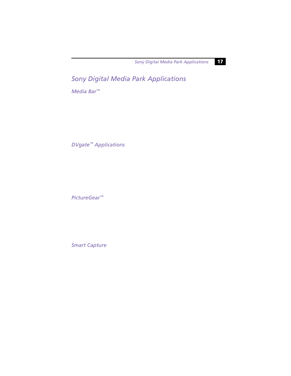 Sony digital media park applications, Media bar, Dvgate™ applications | Picturegear, Smart capture | Sony PCV-R538DS User Manual | Page 21 / 44