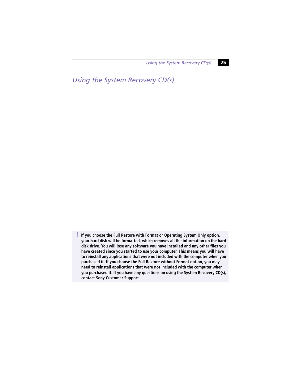 Using the system recovery cd(s) | Sony PCV-R538DS User Manual | Page 29 / 44