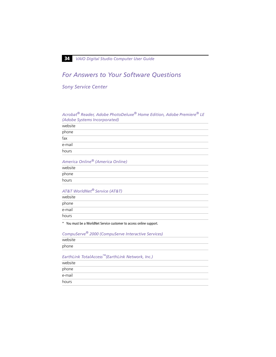 For answers to your software questions, Sony service center | Sony PCV-R538DS User Manual | Page 38 / 44