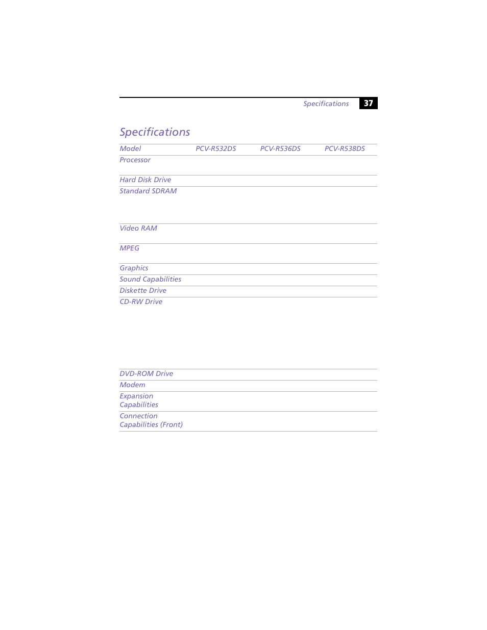 Specifications | Sony PCV-R538DS User Manual | Page 41 / 44