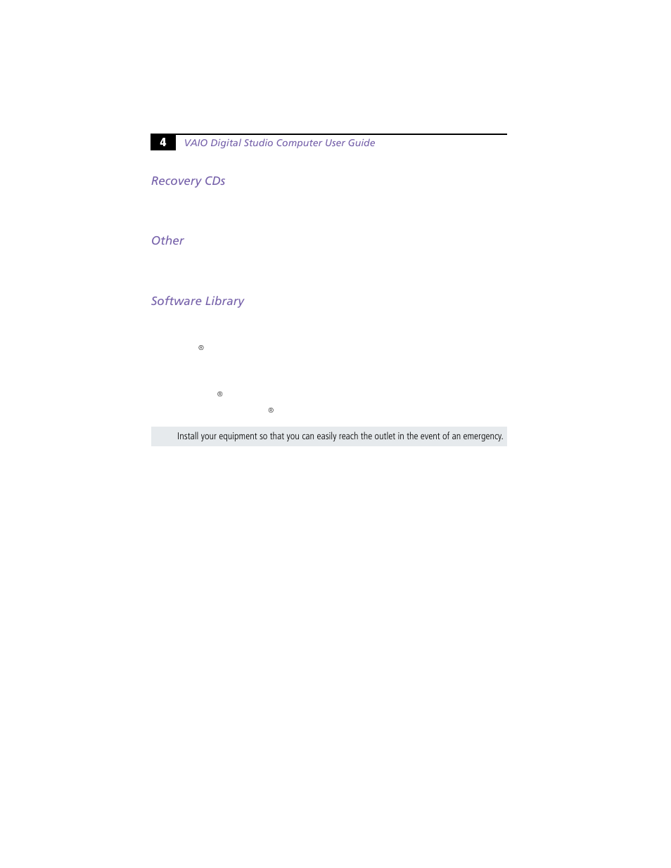 Recovery cds, Other, Software library | Sony PCV-R538DS User Manual | Page 8 / 44