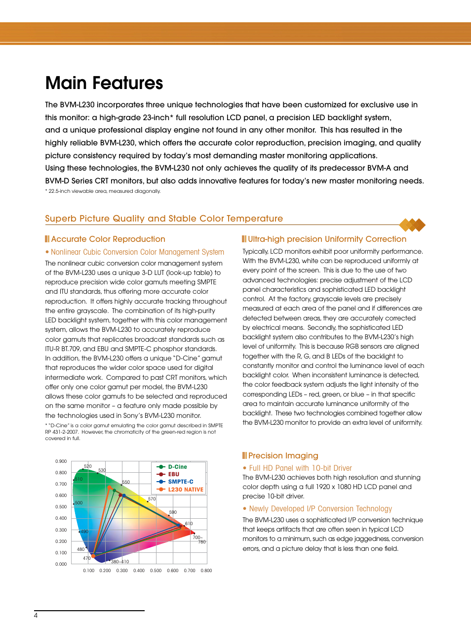 Main features, Ultra-high precision uniformity correction, Newly developed i/p conversion technology | Sony BVM-L230 User Manual | Page 4 / 20
