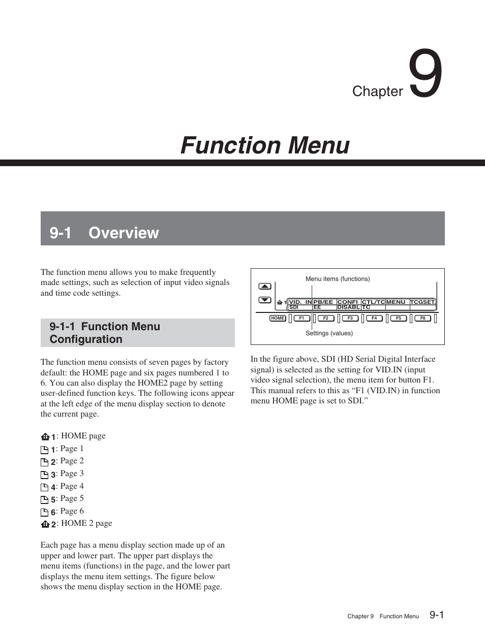 Chapter 9 function menu, 1 overview, 1-1 function menu configuration | Function menu, Chapter | Sony HDW-S2000 User Manual | Page 101 / 158
