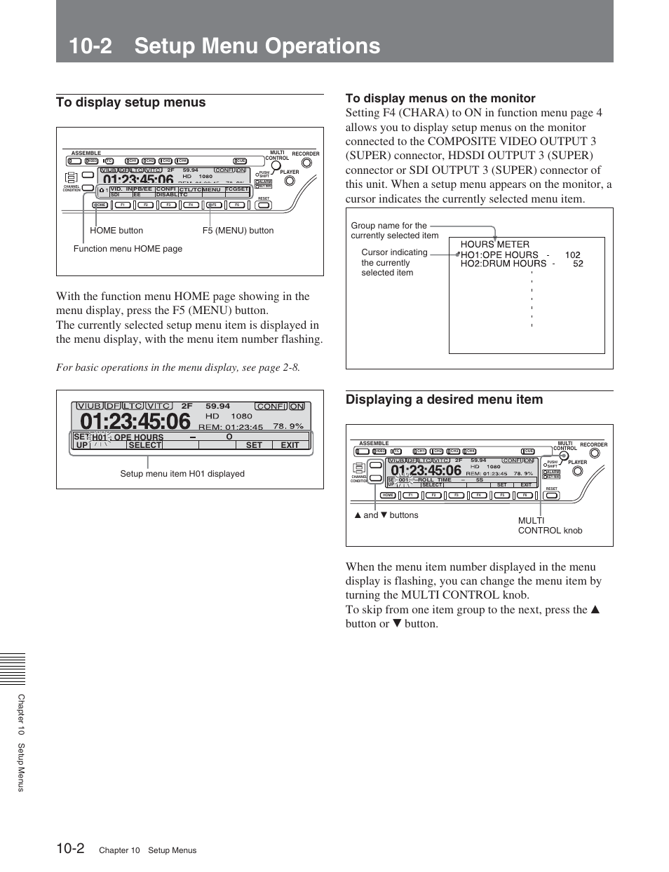 2 setup menu operations, Displaying a desired menu item | Sony HDW-S2000 User Manual | Page 110 / 158