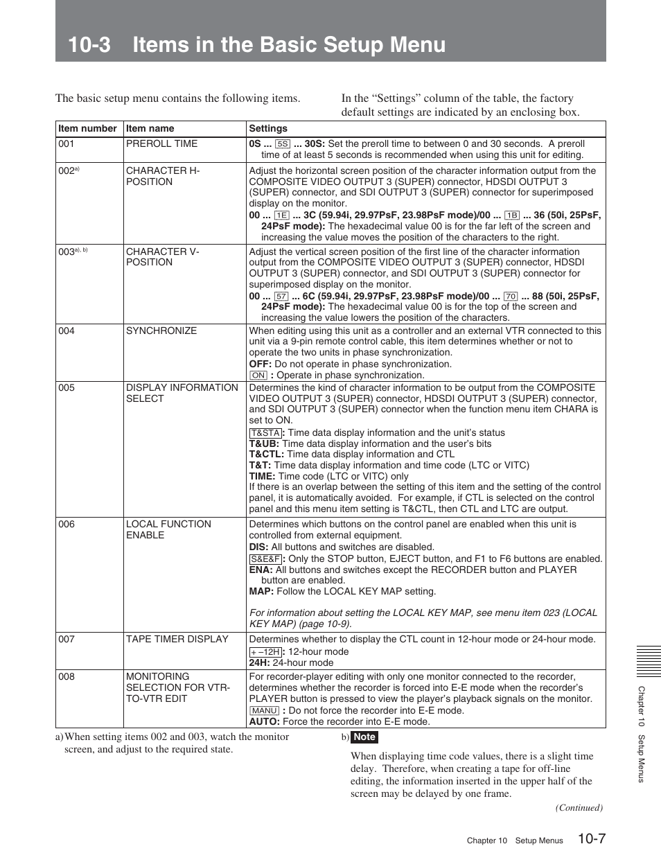 3 items in the basic setup menu | Sony HDW-S2000 User Manual | Page 115 / 158