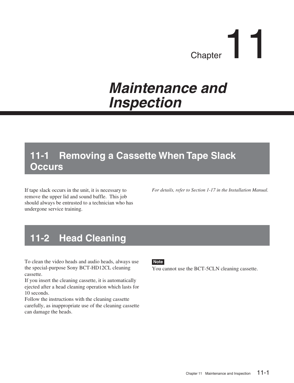 Chapter 11 maintenance and inspection, 1 removing a cassette when tape slack occurs, 2 head cleaning | Maintenance and inspection | Sony HDW-S2000 User Manual | Page 141 / 158