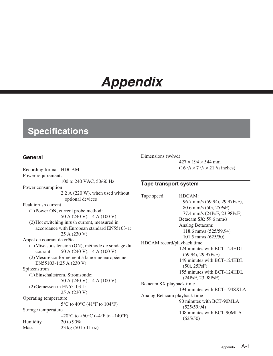 Appendix, Specifications | Sony HDW-S2000 User Manual | Page 147 / 158