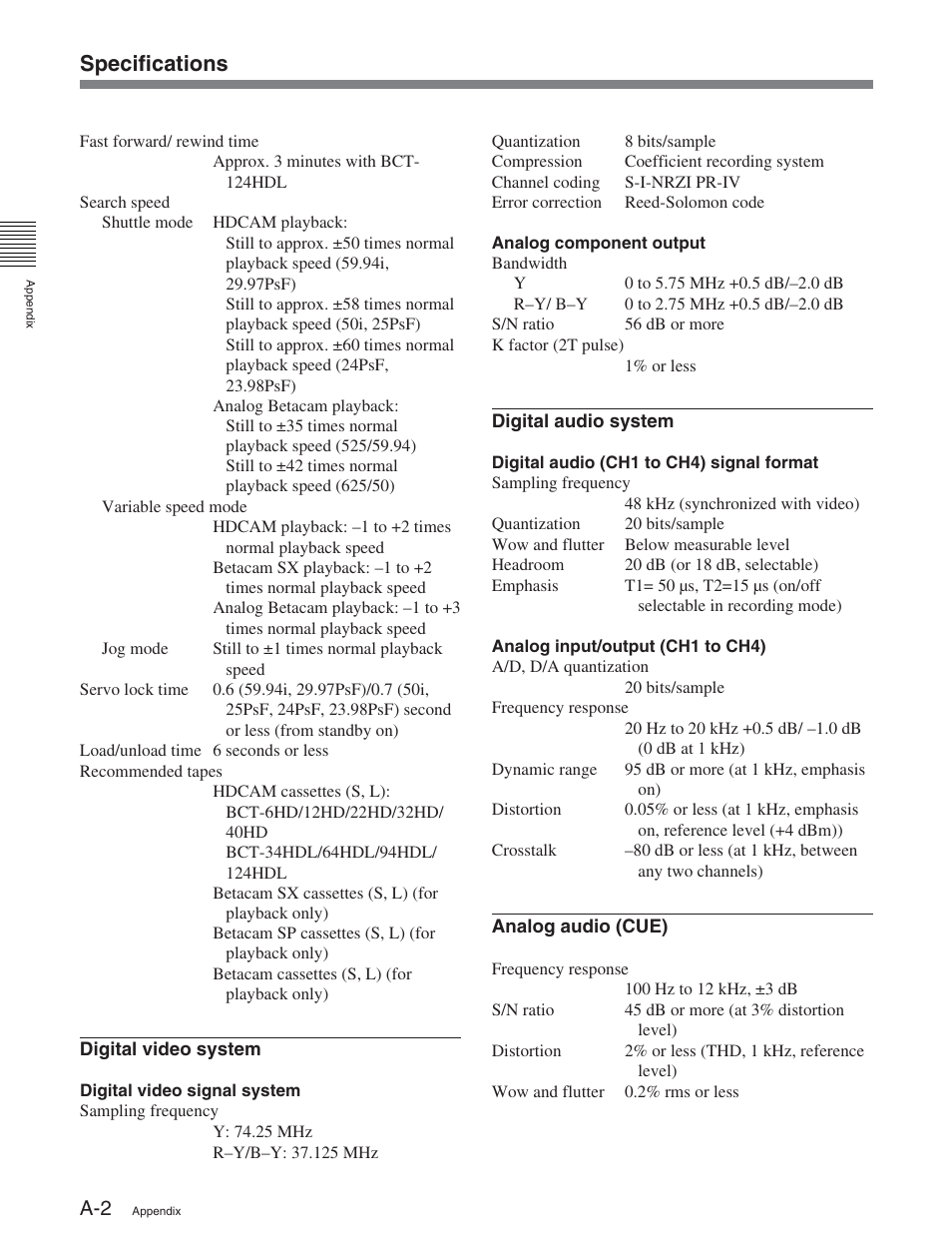 Specifications | Sony HDW-S2000 User Manual | Page 148 / 158